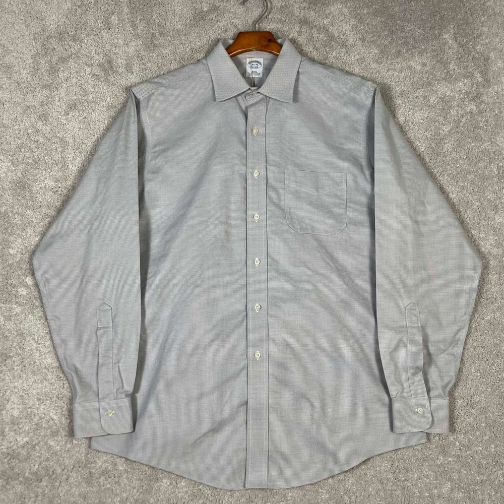 Brooks Brothers Mens 16.5 35 Slim Fit Supima Cotton Dress Shirt Grey Houndstooth